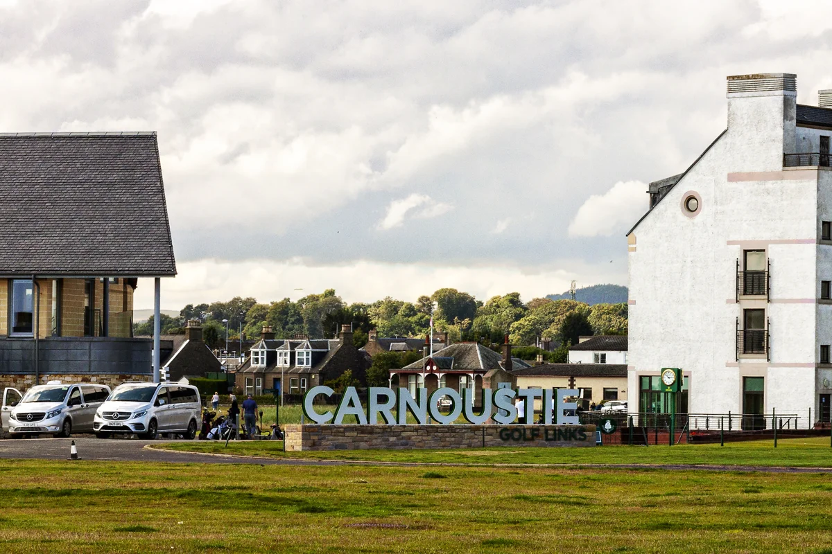 Carnoustie Golf Links — the clubhouse and links entrance sign