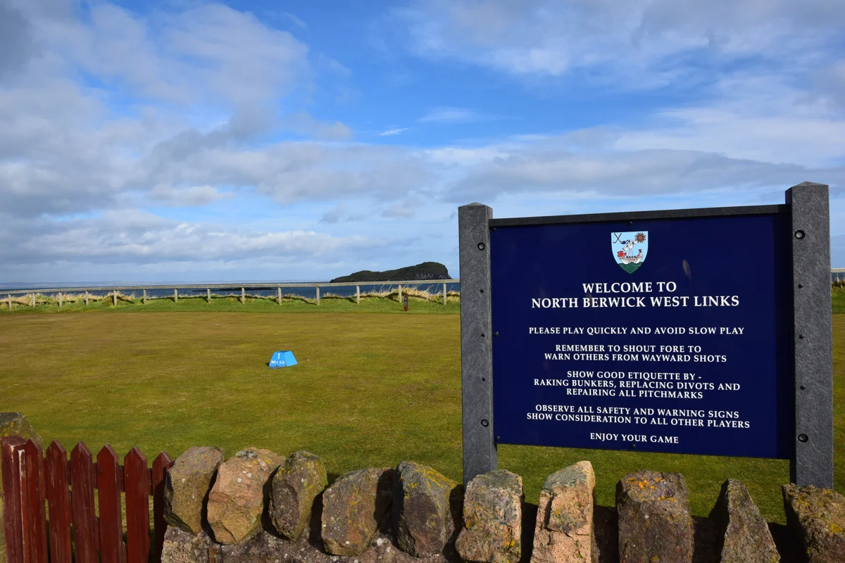 North Berwick Golf Club — the welcome sign at the West Links